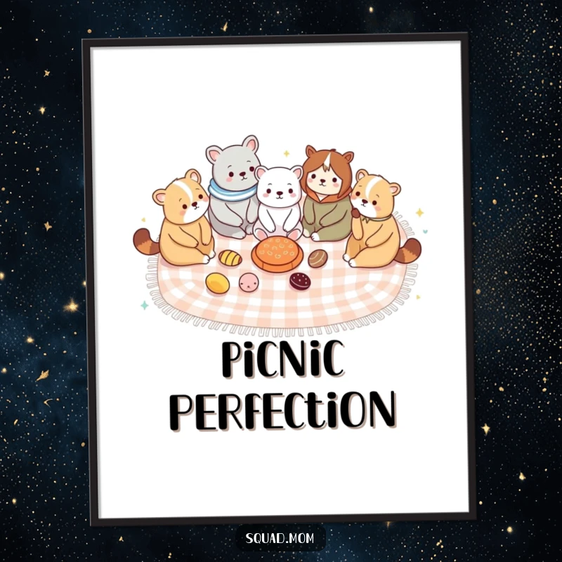 Funny poster, cute animal moms sharing a picnic blanket, depicting friendship and maternal joy.