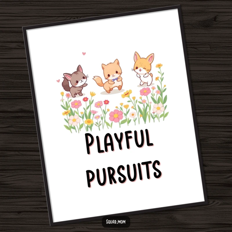 Funny poster featuring a dynamic scene of animal friends playing tag amidst a colorful, blooming flower field, evoking joy and playful energy.