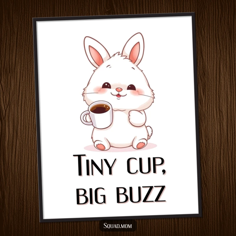 Funny fluffy bunny wiggling its nose and holding a tiny coffee cup, a cute and humorous digital art print.