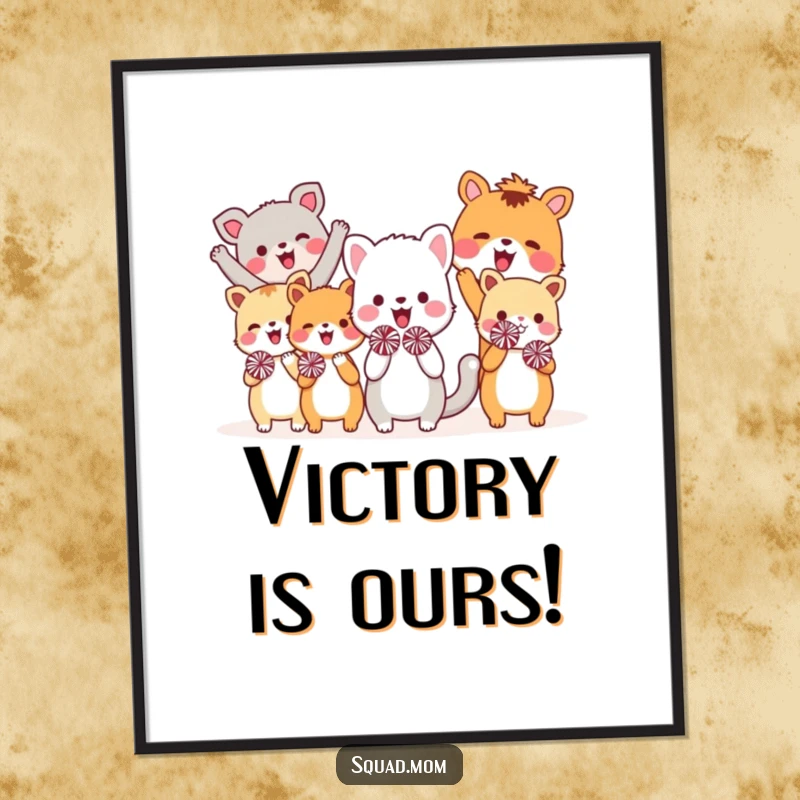 Funny poster featuring a dynamic group of stylized animal friends energetically cheering with colorful mini pom-poms, creating a festive and amusing display.
