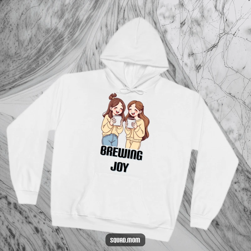 Funny hoodie depicting two women holding large coffee cups, sharing a genuine laugh, ideal for cozy moments.