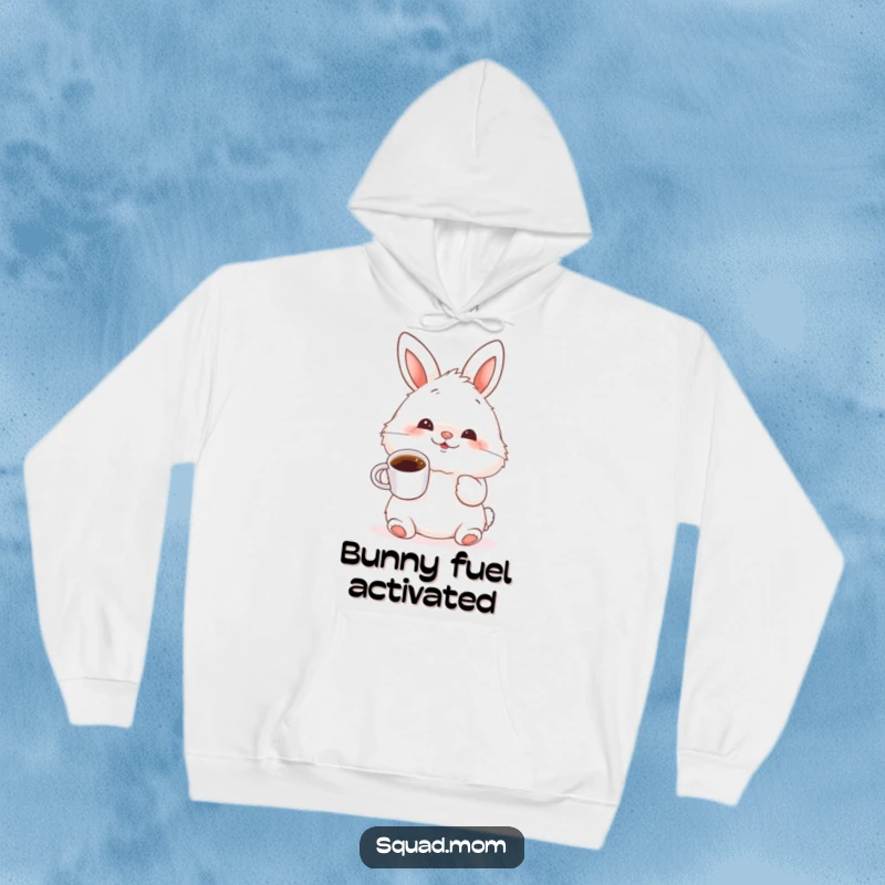 Funny fluffy bunny wiggling its nose and holding a tiny coffee cup, a cozy and humorous hoodie for bunny enthusiasts.