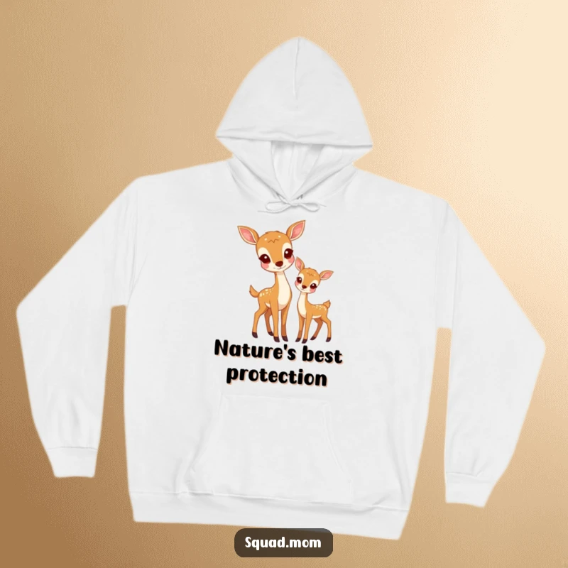 Funny hoodie depicting a deer mother and her fawn standing harmoniously, evoking feelings of peace and natural beauty.