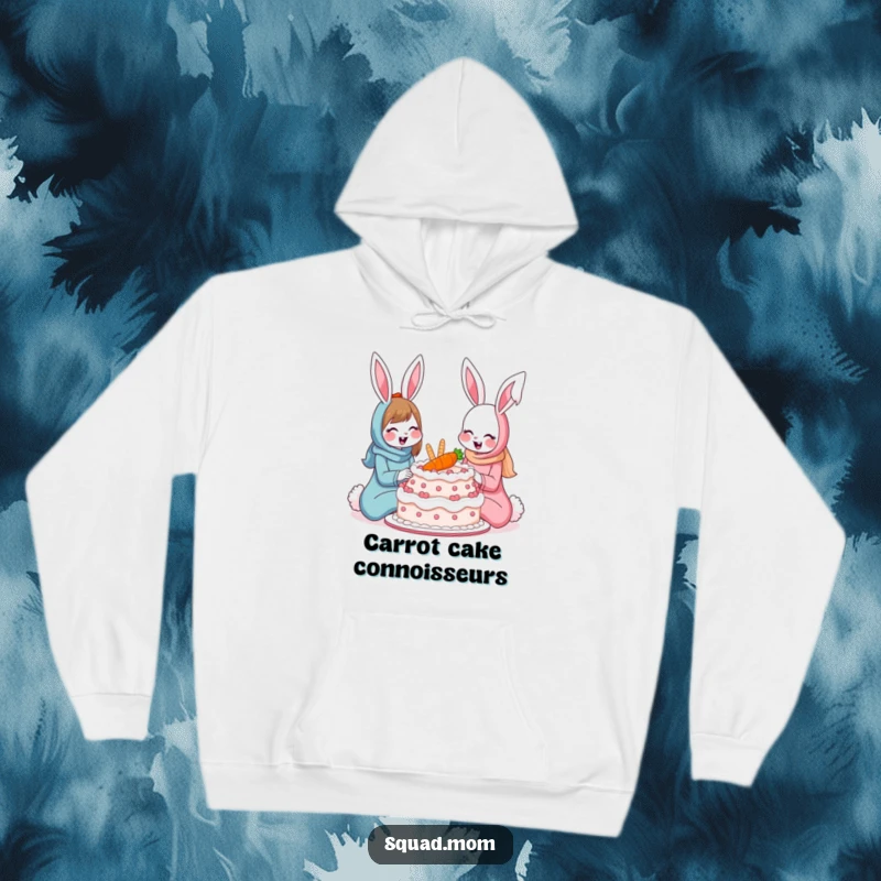 Funny bunny moms hoodie showing two smiling rabbits sharing a giant carrot cake, offering cozy comfort and humorous maternal vibes.