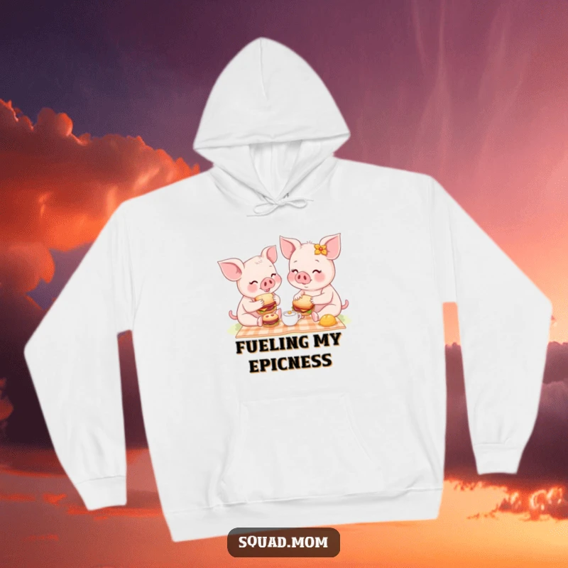Funny and warm hoodie depicting a mother piglet and her baby having a delightful picnic with tiny sandwiches, a humorous gift.