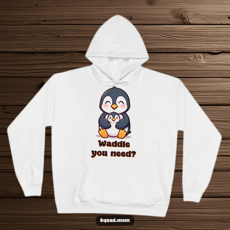 Funny hoodie showing a mother penguin tenderly protecting her chick, conveying themes of warmth, safety, and love.