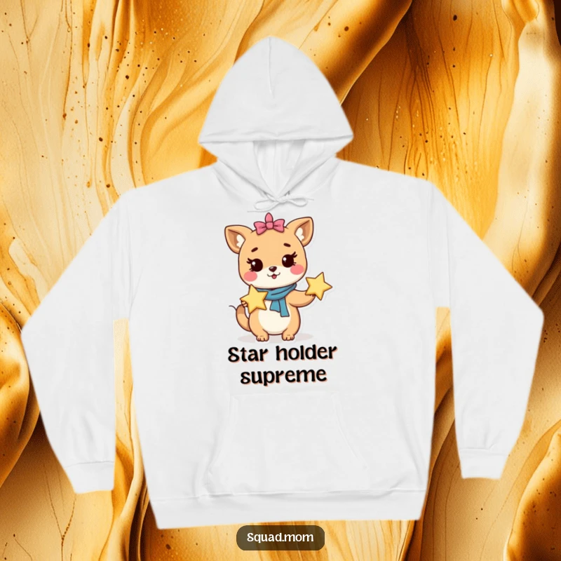 Funny Hoodie: Whimsical animal mom character holds a star, perfect for cozy, magical mom moments.