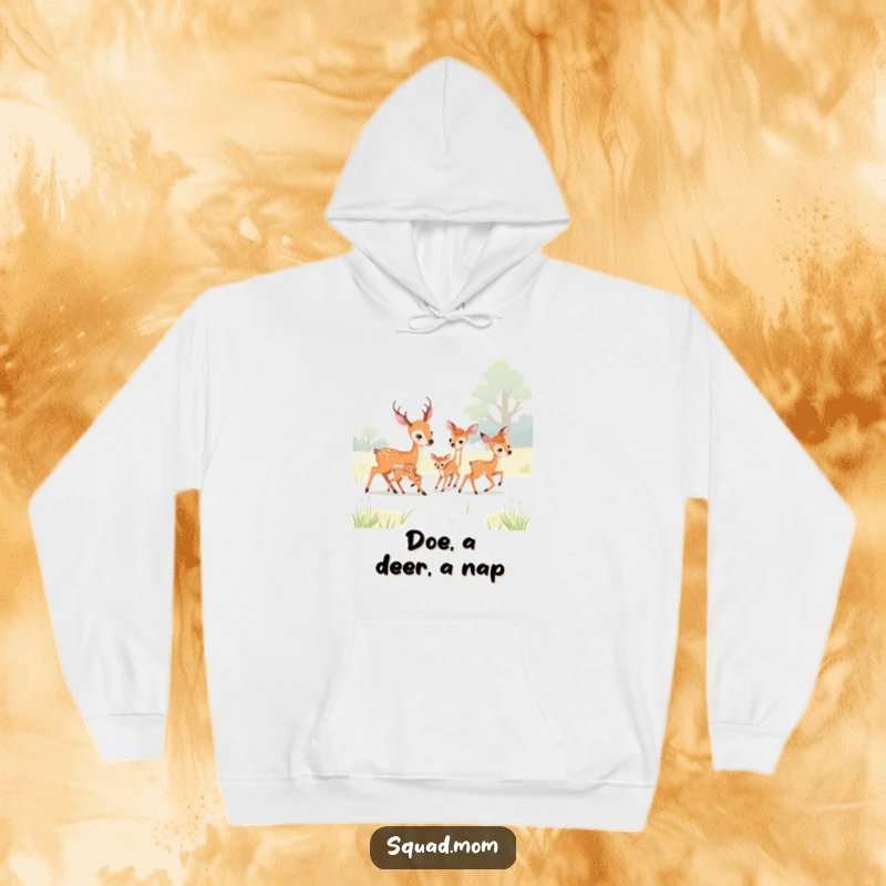 Funny deer moms and fawns playing tag in a meadow, depicted on a warm, comfortable hoodie, perfect for relaxed days.