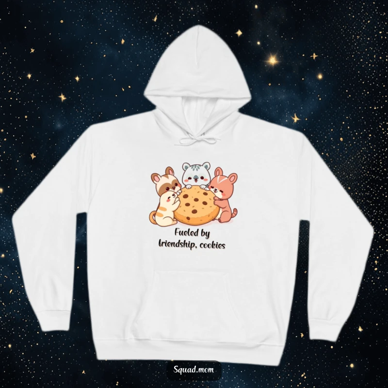 Funny hoodie with adorable animal friends gathered around a huge cookie, conveying a heartwarming and humorous scene of shared delight.