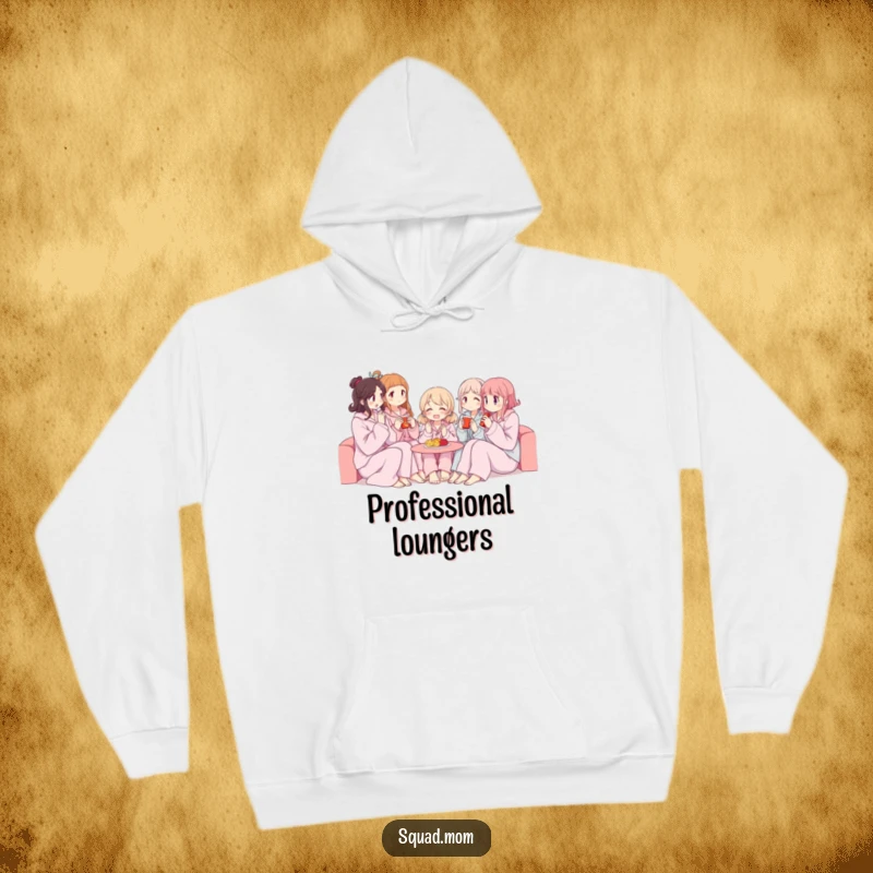 Funny hoodie depicting a group of women in pajamas enjoying snacks together, symbolizing friendship and relaxation.