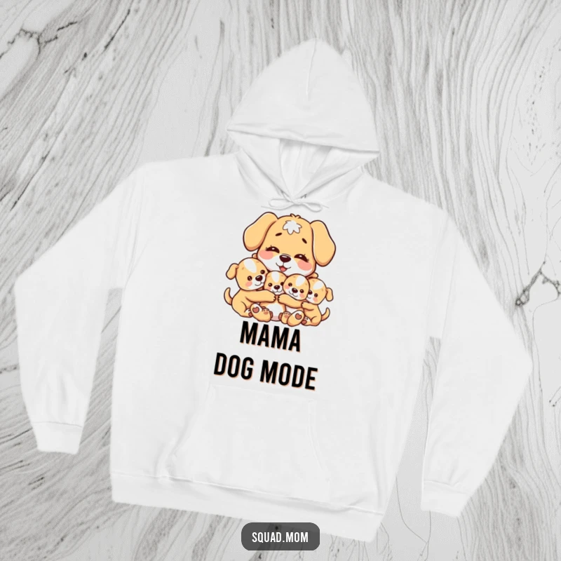 Funny hoodie illustration of a motherly dog character embracing her puppies in a close, loving hug, evoking warmth and happiness.