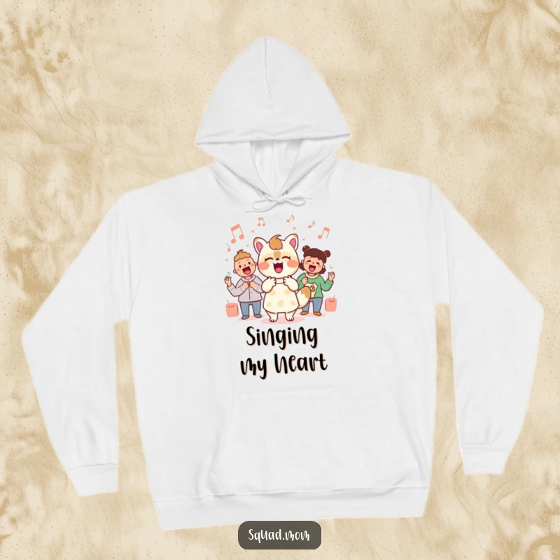 Funny Kawaii mom friend animal character singing joyfully with musical notes on a warm hoodie, perfect for music lovers.