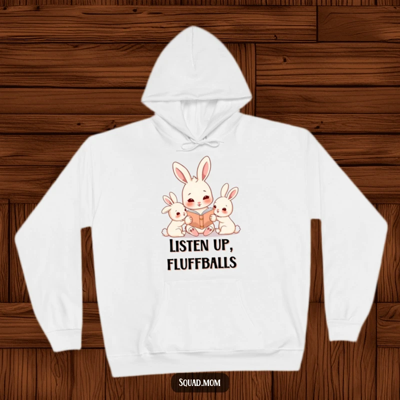 Funny rabbit mom reading a story to her babies, featured on a soft and warm hoodie for ultimate comfort.