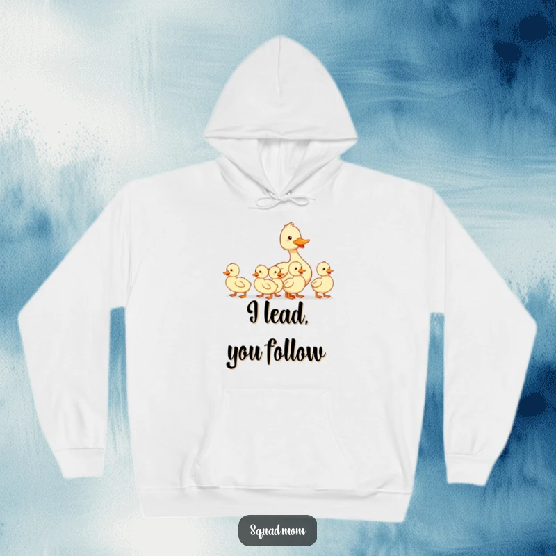 Funny hoodie illustrating a mother duck leading her ducklings in a row, symbolizing guidance and family unity for a comical effect.