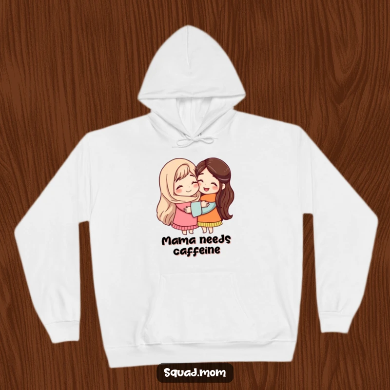 A depiction of a mother friend offering a comforting, warm hug to another friend, printed on a soft, warm hoodie.