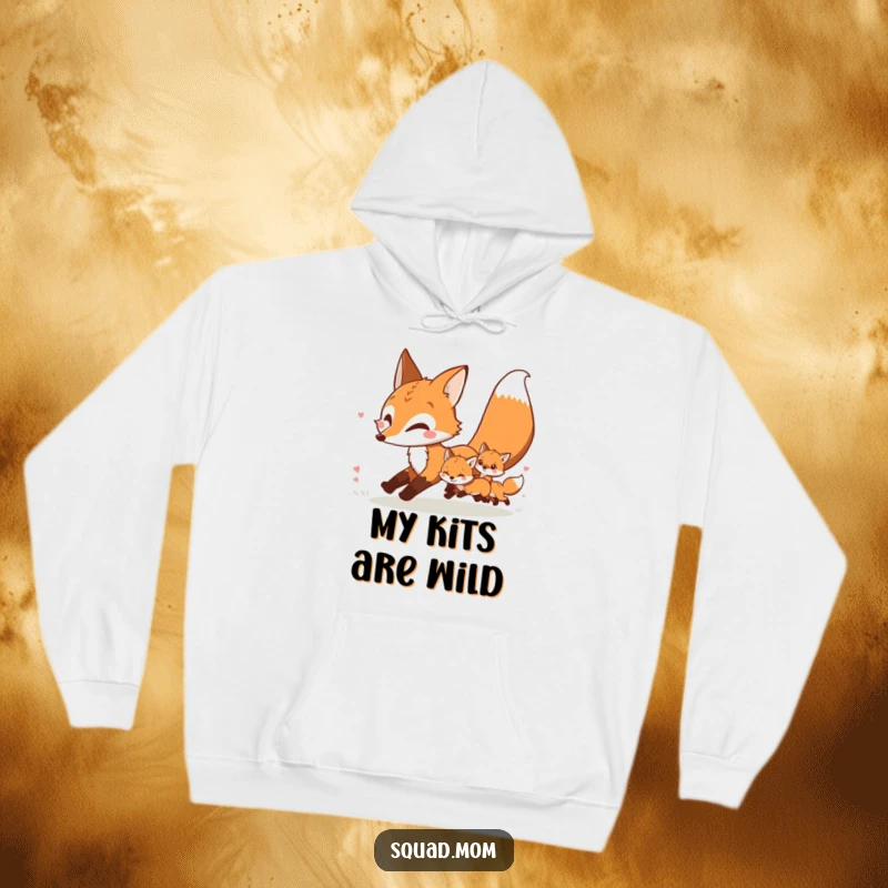 Funny and warm hoodie featuring a mother fox leading her kits in a playful chase, embodying family fun.