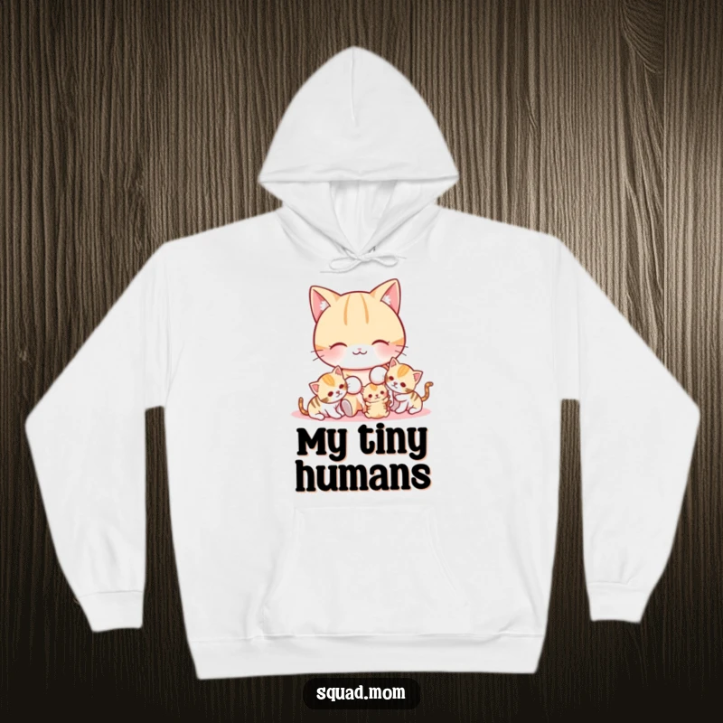 Funny cat mom playing with her energetic kittens, depicted on a soft and warm hoodie.