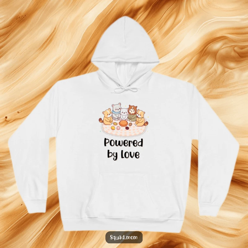 Funny hoodie, cute animal moms on a picnic blanket, bringing warm, friendly, and maternal humor.