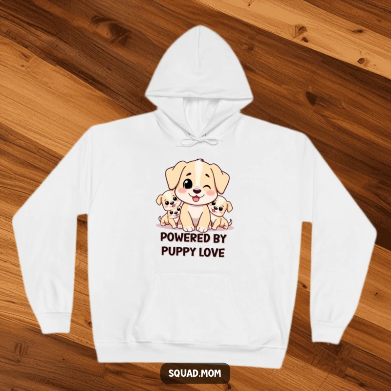 Funny hoodie featuring a content dog mom character surrounded by a heap of cute, tumbling puppies. Cozy and humorous.