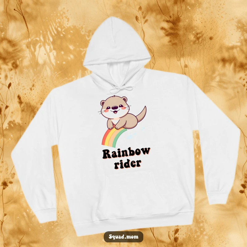 Funny Otter Rainbow Hoodie: A happy otter slides down a vibrant rainbow, bringing playful vibes.