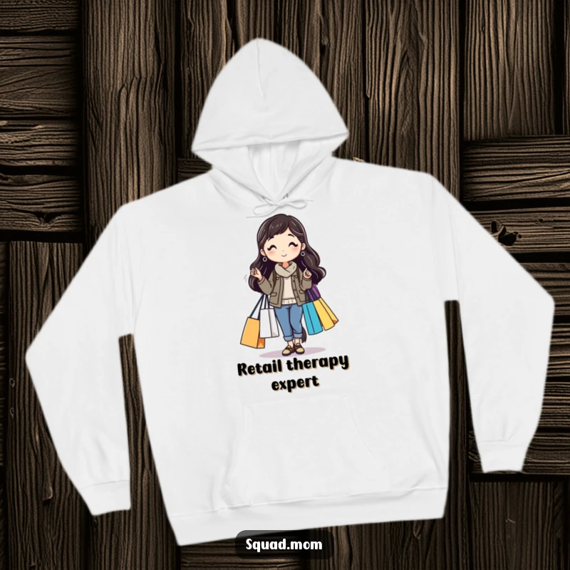 Funny hoodie featuring a mom friend carrying multiple shopping bags, offering warmth and humor after a spree, a fantastic funny gift.
