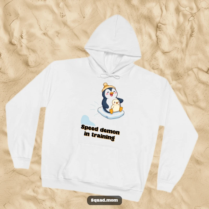 Funny penguin mom and chick's exciting icy slide captured on a warm, humorous hoodie, perfect for cozy laughs.