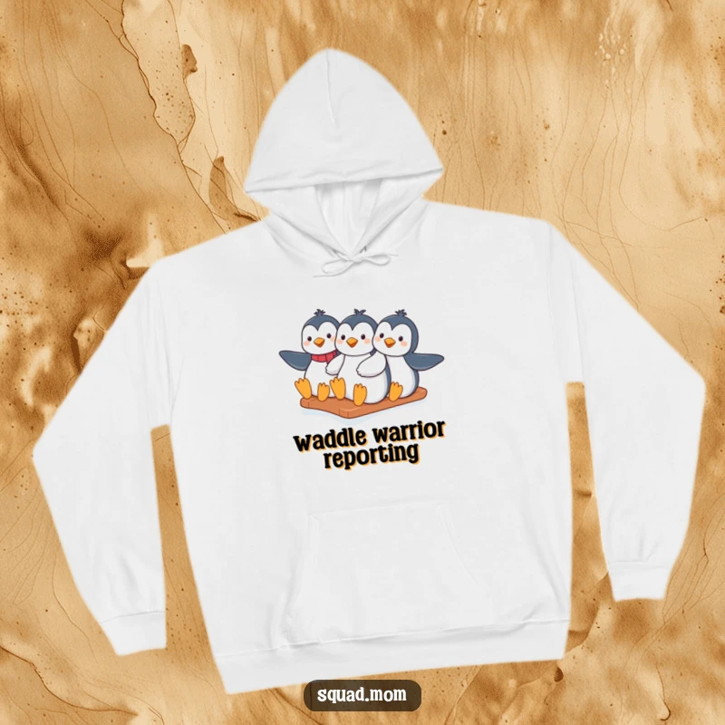 Funny penguin moms sliding down an icy hill together, depicted on a warm, comfortable hoodie, perfect for staying cozy.