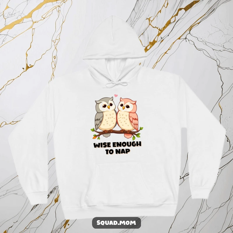 Funny owl moms sharing secrets and gossip while perched on a branch, depicted on a warm, comfortable hoodie, perfect for cozy evenings.
