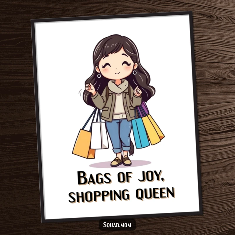 Funny free printable wall art of a mom friend carrying numerous shopping bags, a humorous piece for shoppers.
