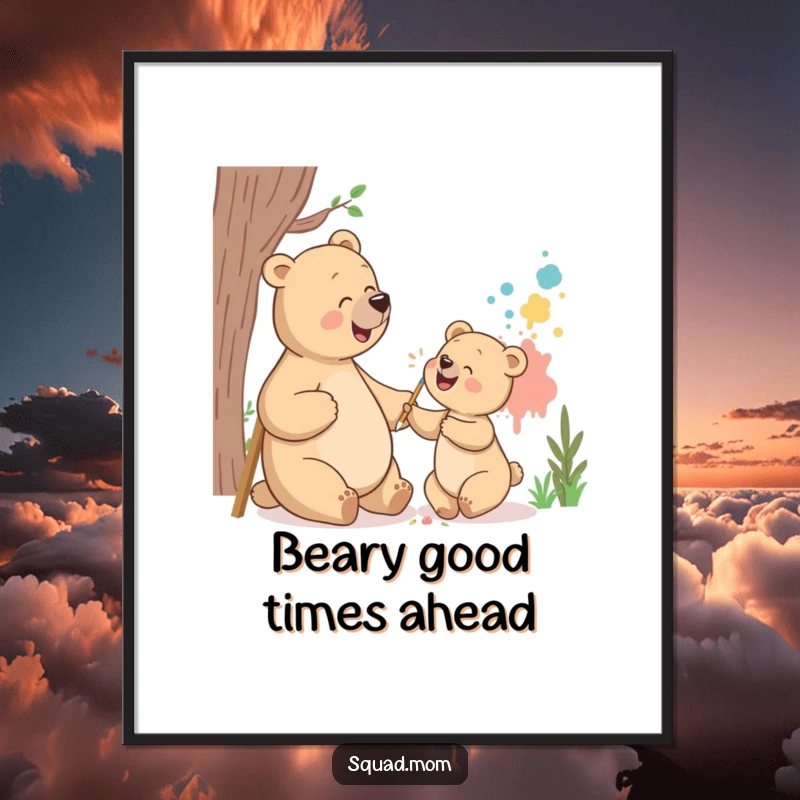 Funny Free Printable Wall Art: A mother bear and her cub giggling with delight while painting a large, colorful mural.