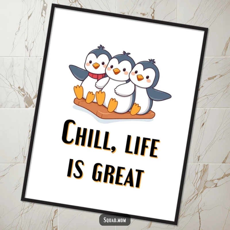 Funny Free Printable Wall Art: A trio of penguin moms sliding down an icy hill together, whimsical humorous downloadable art.