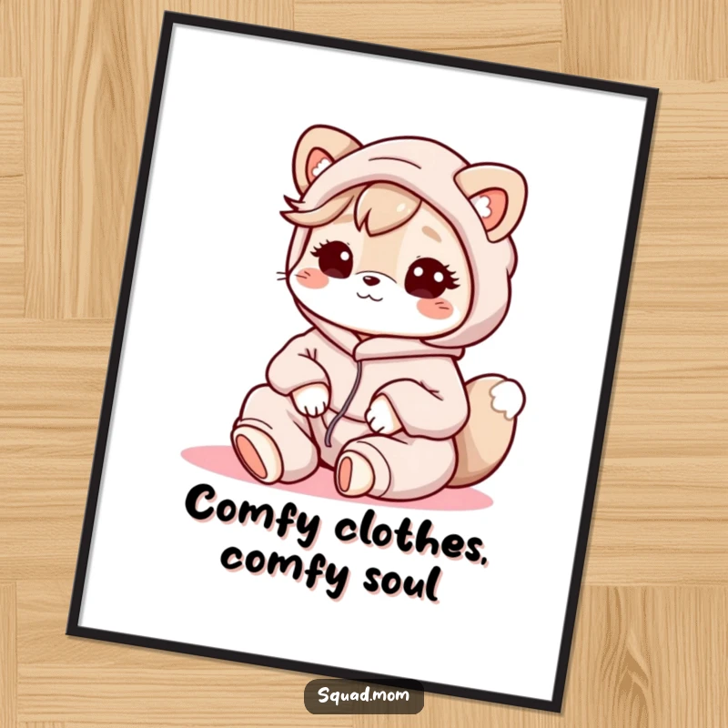 Funny Free Printable Wall Art: A Kawaii mom animal character in comfy lounge clothes embodies cozy relaxation and charm.