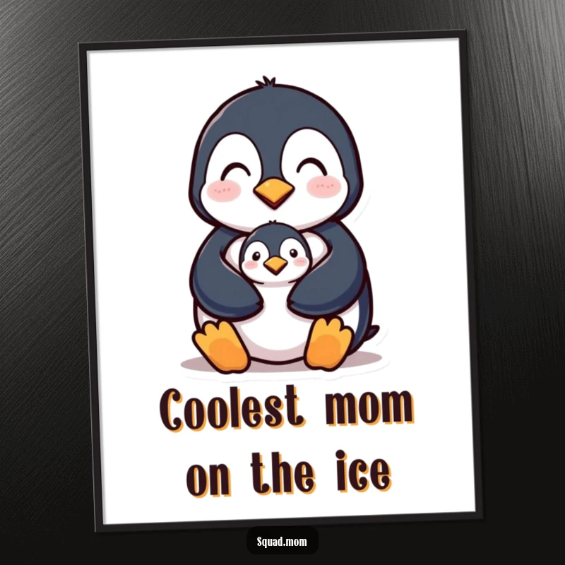 Funny Free Printable Wall Art showcasing a nurturing penguin mom protectively embracing her curious chick.
