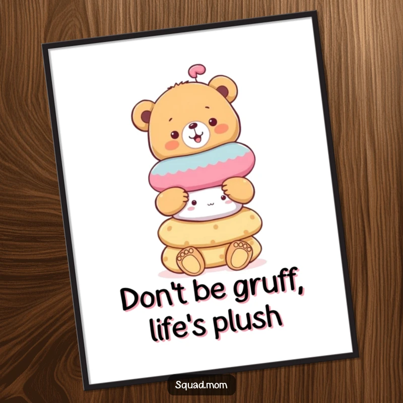 Funny Free Printable bear cub wall art, balancing a stack of soft toys, creating a scene of playful joy.