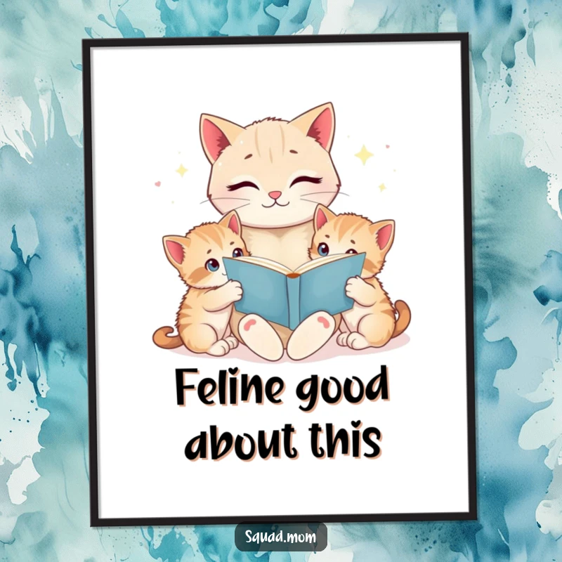 Funny Free Printable Wall Art: Cat mom reading a bedtime story to wide-eyed kittens, whimsical humorous downloadable art.