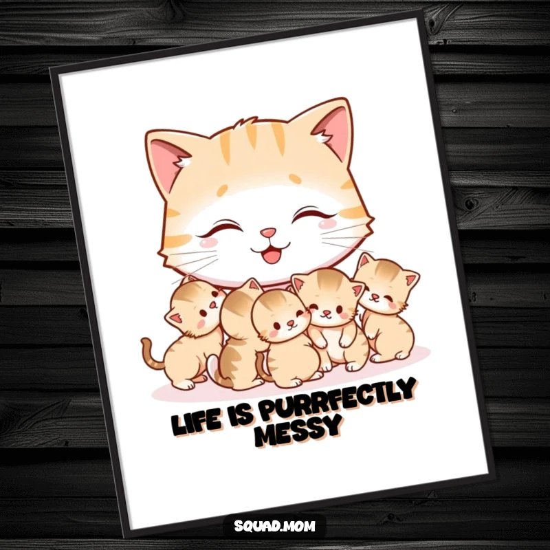 Funny Free Printable Wall Art: Happy Cat Mom Gently Grooming Her Tiny Kittens, Cute Pet Decor