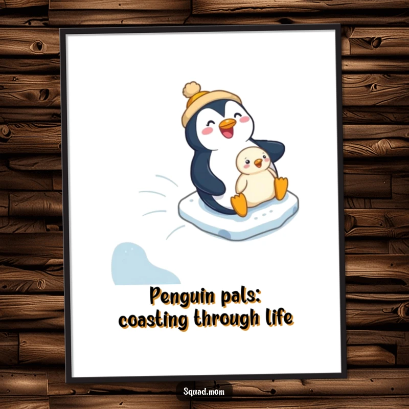 Funny Free Printable Wall Art: Jolly penguin mom and chick sliding down an icy hill, embodying playful winter joy.