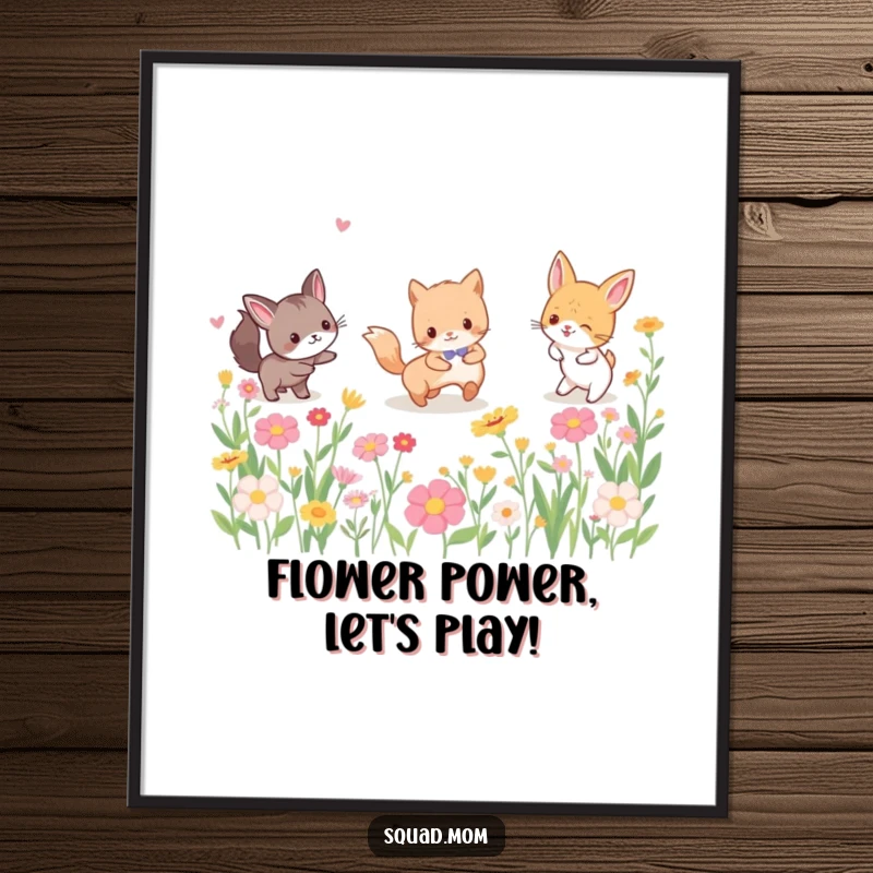 Funny Free Printable Wall Art showcasing a lively group of animal friends engaging in a game of tag amidst a beautiful, blooming floral landscape.