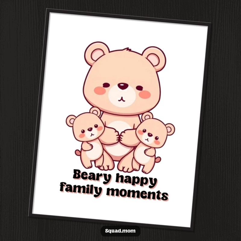Free Printable Wall Art: A gentle bear mom character stands with her two cubs, holding hands, radiating warmth, love, and family togetherness.