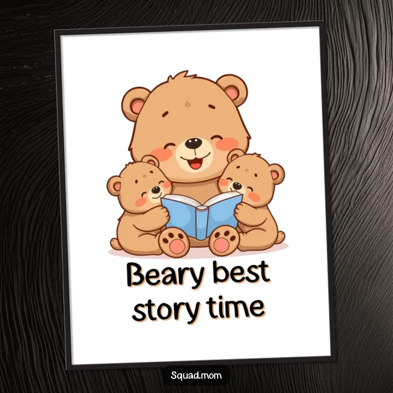 Free Printable Wall Art: Cheerful bear mom reading a story to her attentive cubs in a warm, inviting setting.