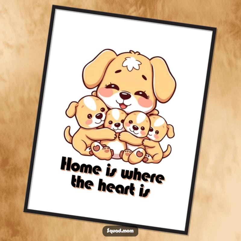Free Printable Wall Art: A motherly dog character embracing her puppies warmly, radiating love and comfort, perfect for cozy, downloadable home decor.