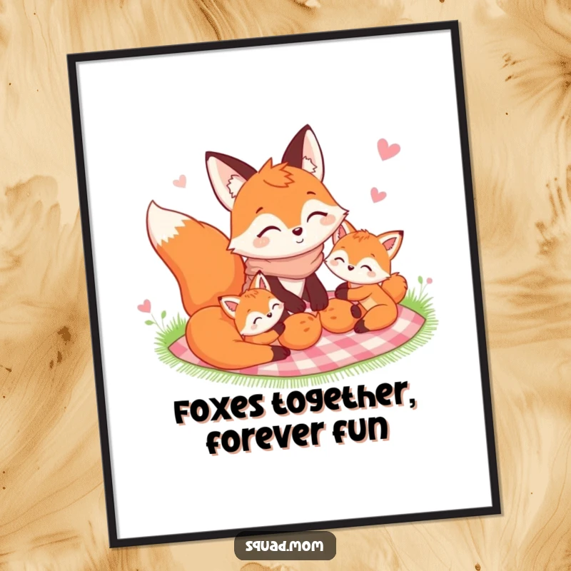 Funny Free Printable wall art: A happy fox mom shares a delightful picnic with her playful kits, creating a scene of pure family joy.
