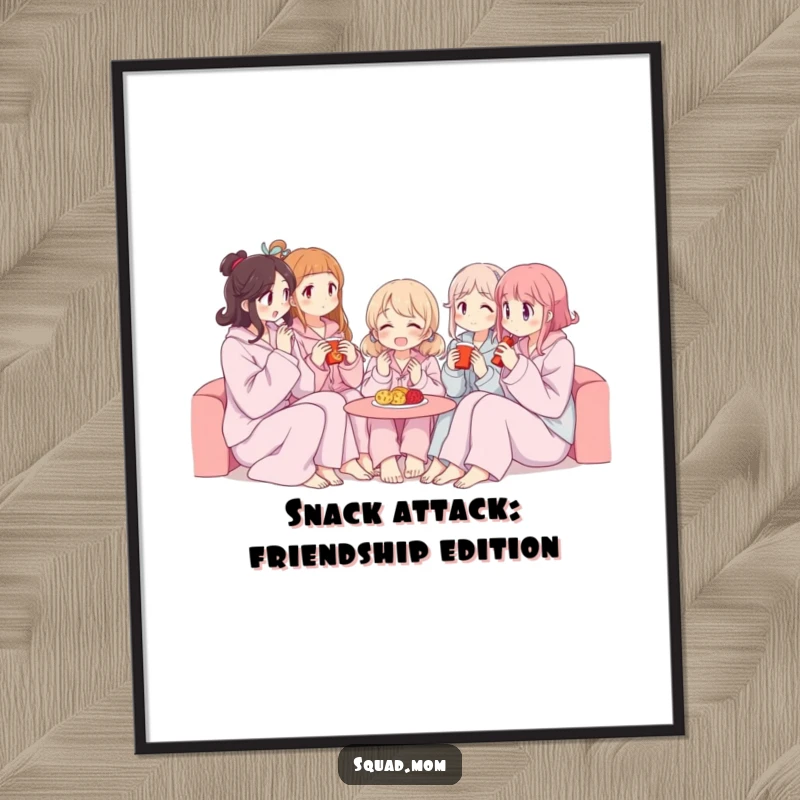 Funny Free Printable Wall Art: Group of women in pajamas sharing snacks, laughing. Cozy, humor-filled downloadable decor.