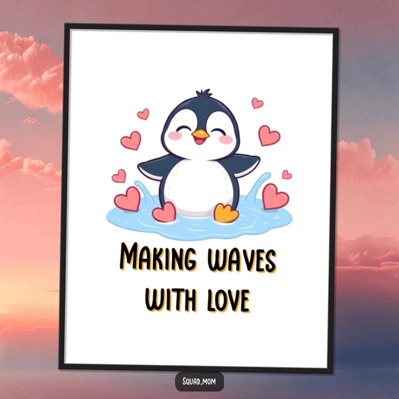 Funny Free Printable Wall Art featuring a happy penguin giggling while splashing in a puddle made of bright red hearts.