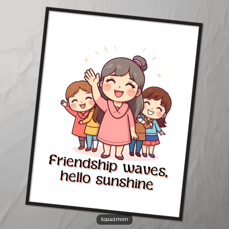 Funny free printable wall art depicting a mom friend joyfully waving to friends, a humorous and welcoming piece.