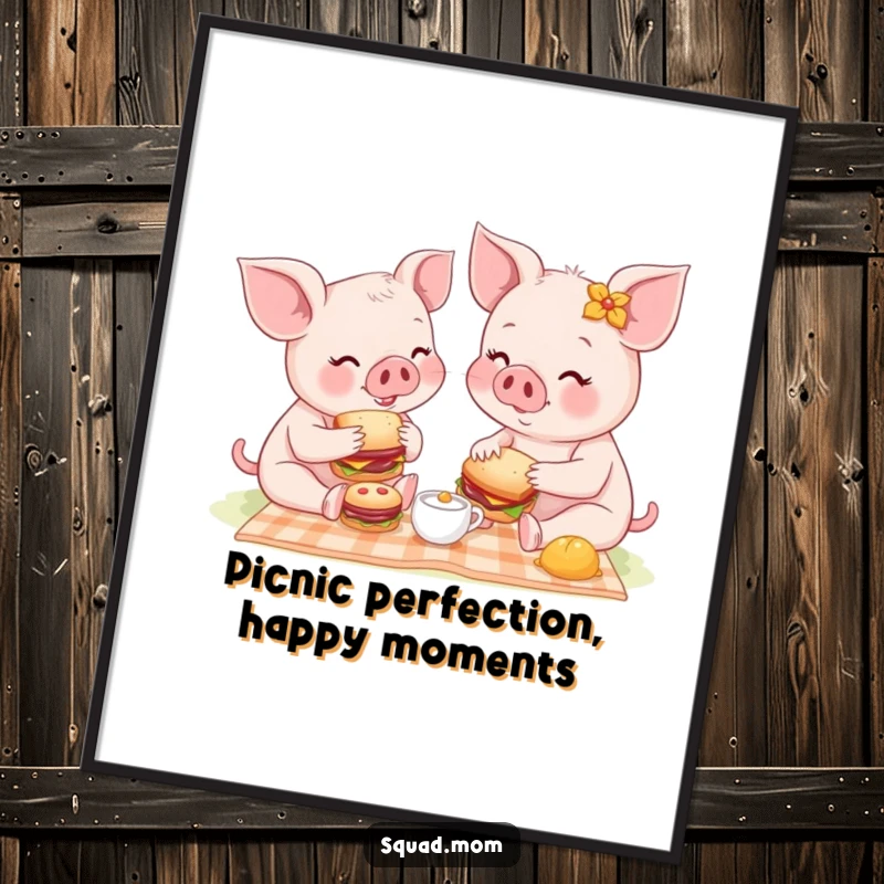 Funny Free Printable Wall Art: Playful piglet mom and baby sharing a delightful picnic with tiny sandwiches, full of warmth.