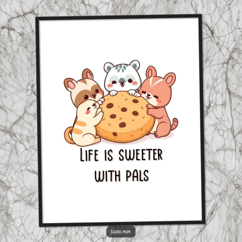 Funny Free Printable Wall Art depicting a whimsical group of animal friends happily sharing a massive cookie.