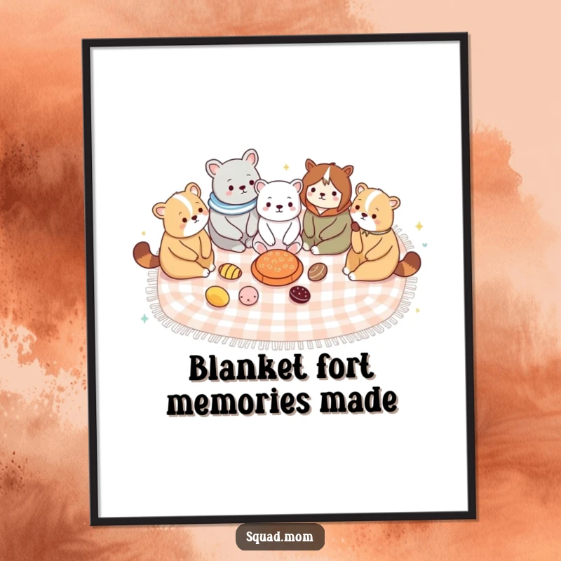 Funny free printable wall art depicting a group of adorable animal moms having a joyful picnic together.