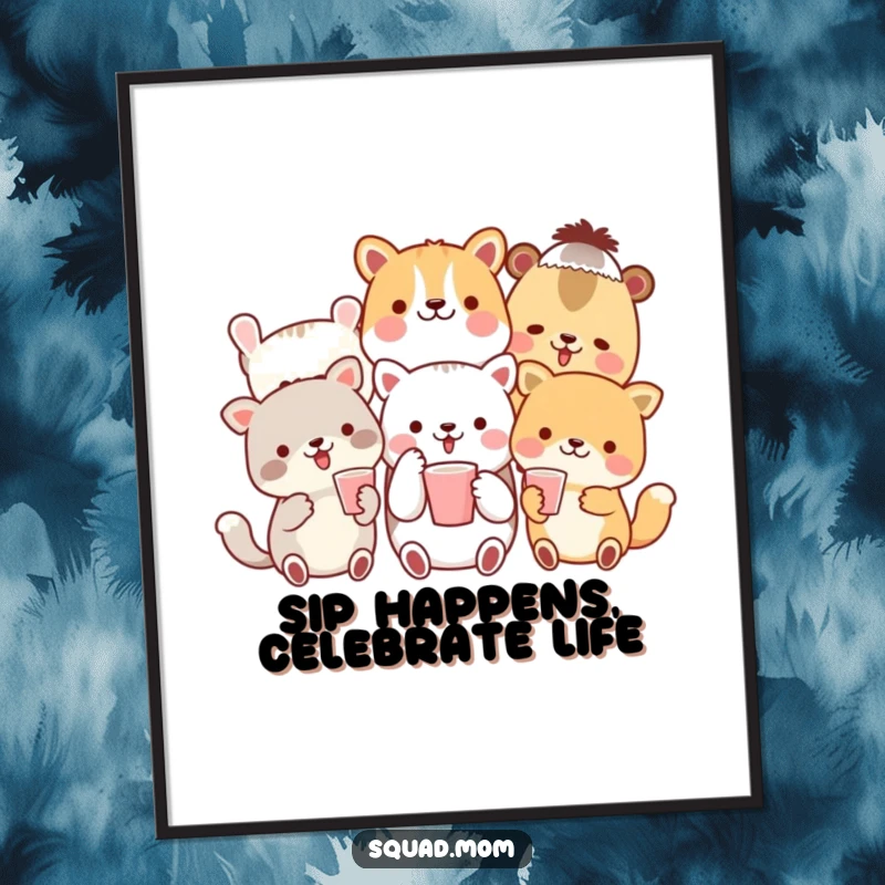 Funny Free Printable Wall Art depicting a joyful gathering of animal friends raising miniature cups for a toast.