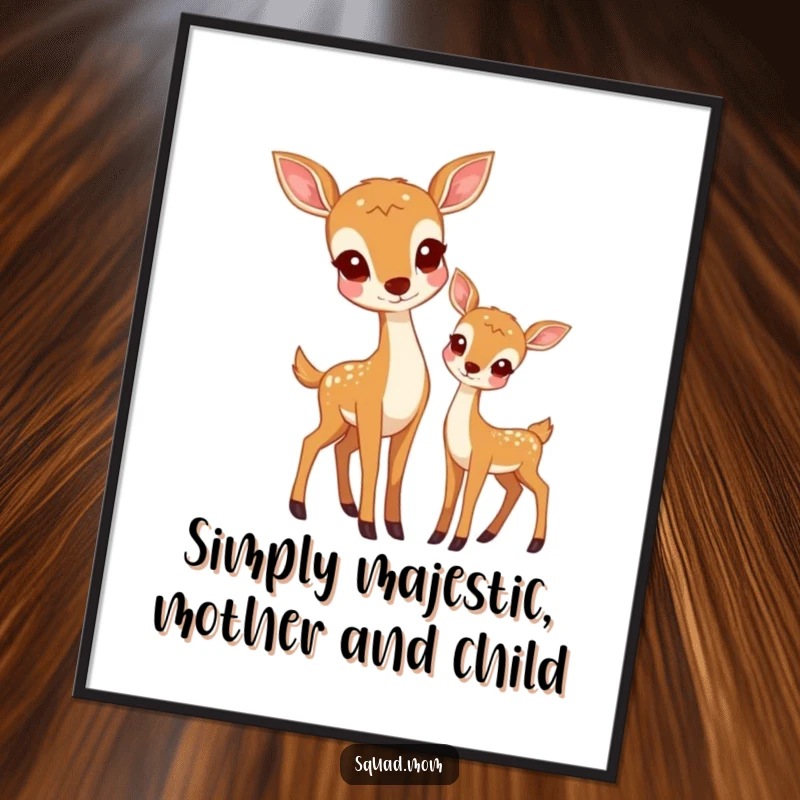 Funny Free Printable Wall Art capturing a serene deer mom standing protectively beside her spotted fawn.